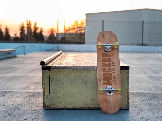 Front view of mock-up skateboard outdoors