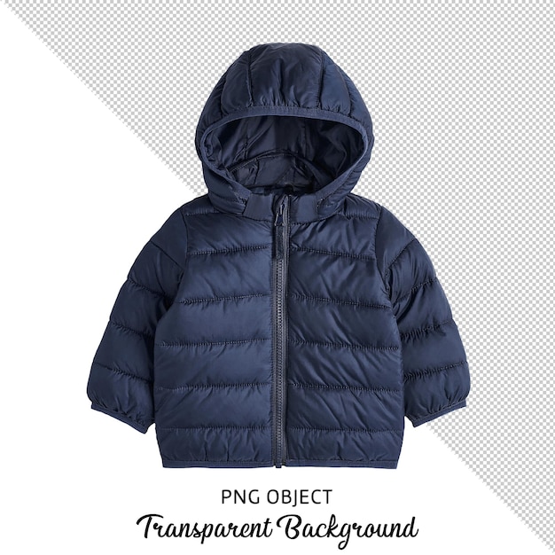 Front view of navy blue children coat on transparent background