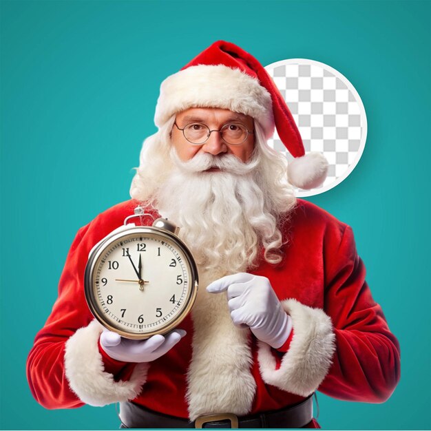 PSD front view of old santa claus in red suit holding clock on the red wall