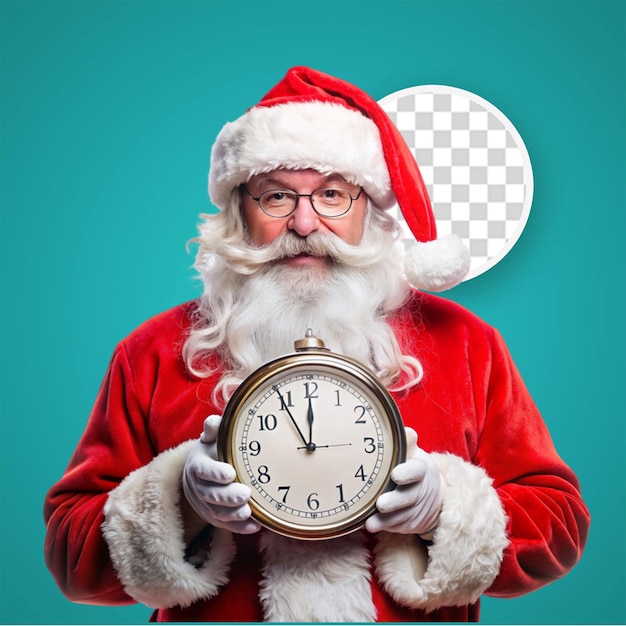 PSD front view of old santa claus in red suit holding clock on the red wall