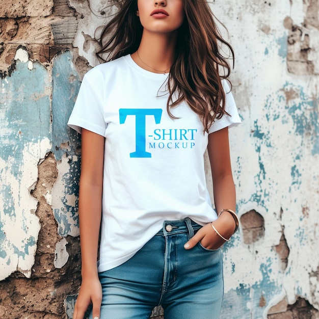 PSD front view photo woman wearing casual white tshirt mockup for design