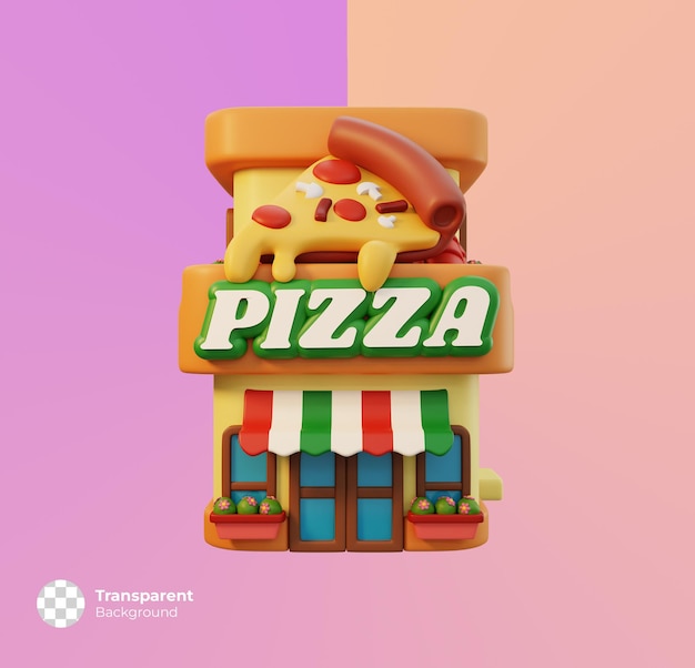 Front view of pizza restaurant little shop icon isolated. Minimal cute store building. 3D Render