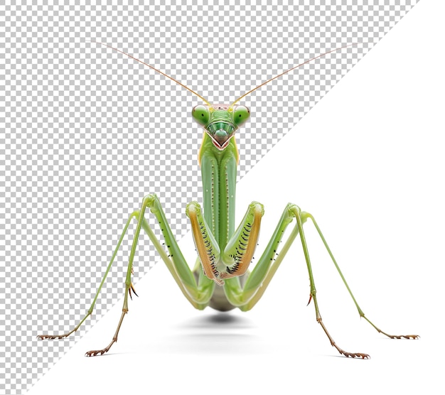 PSD front view of a praying mantis on isolated background