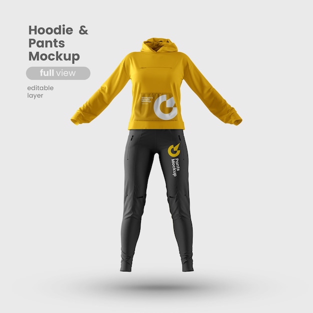 PSD front view of premium customizable woman hoodie and pants mockup