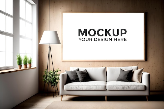 Front view of a PSD wall art mockup, Modern interior with furniture, grey Couch, pillows and lamp