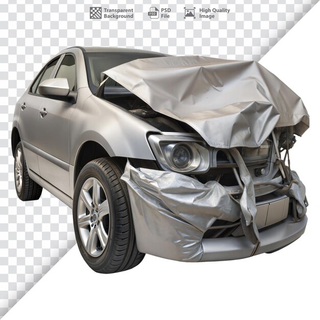 PSD front view of a silver car with significant collision damage