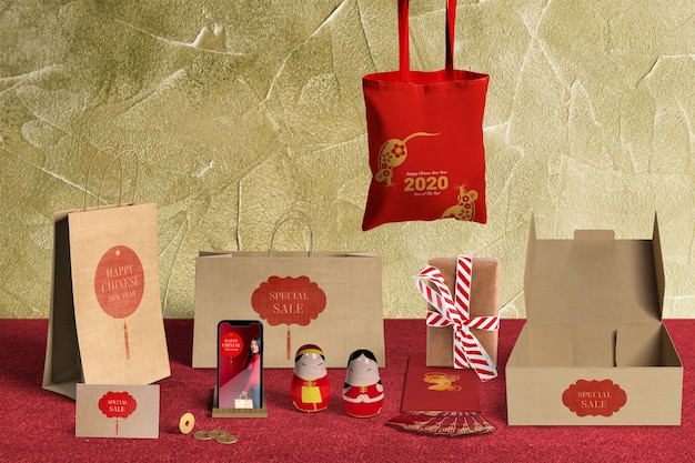 PSD front view special gift sales with wrapping paper and boxes