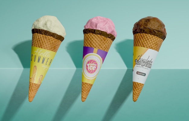 Front view of three varieties of ice cream cones