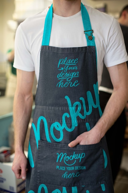 Front view waiter wearing apron at work