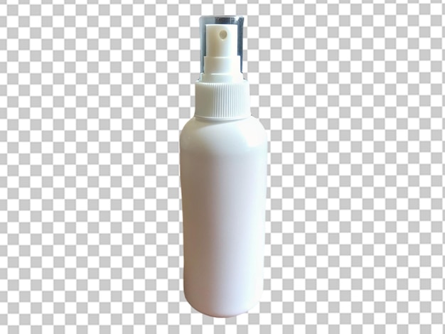 front view white plastic bottle with sprayer on a white wall