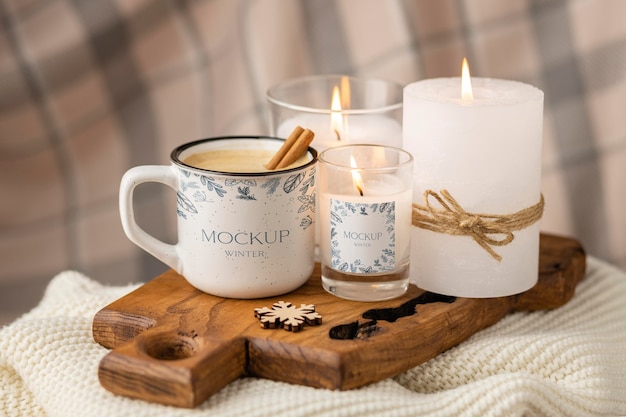 Front view winter hygge assortment with mug mock-up