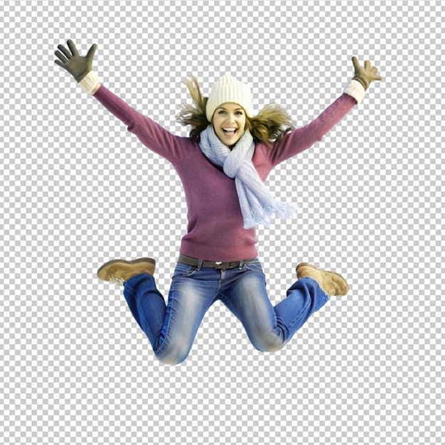 PSD front view of woman jumping in the air outdoors isolated on transparent background