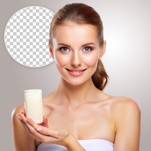 Front view of woman with beauty product concept on transparent background