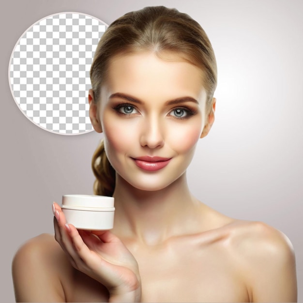 Front view of woman with beauty product concept on transparent background