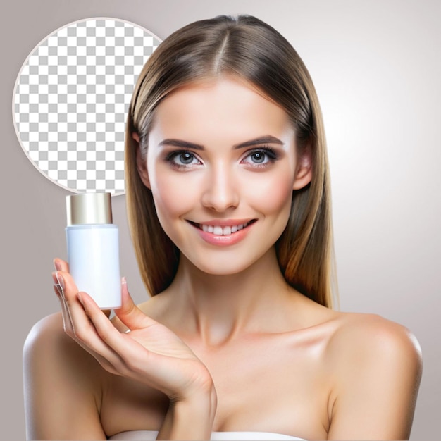 Front view of woman with beauty product concept on transparent background