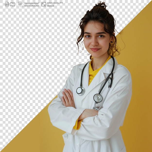 A front view young female doctor in white medical suit with stethoscope smiling on the white png