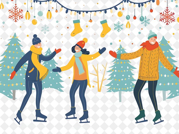 Frosty Christmas Ice Skating Rink With Couples Skating and L Illustration Christmas Art Design