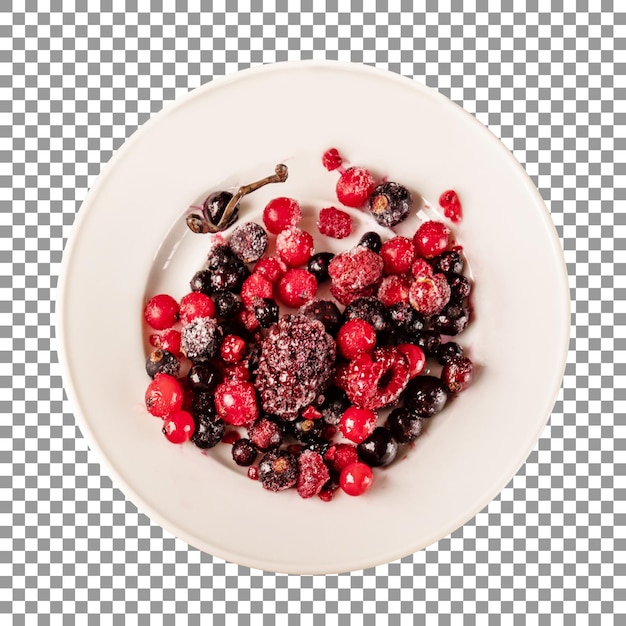 Frozen berries and pepper on white plate with transparent background