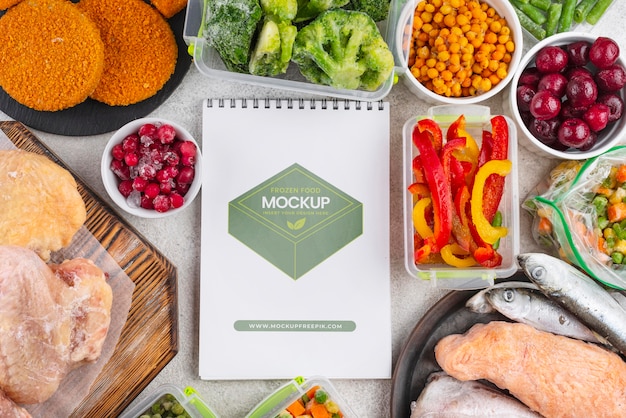 Frozen food with notepad mockup design