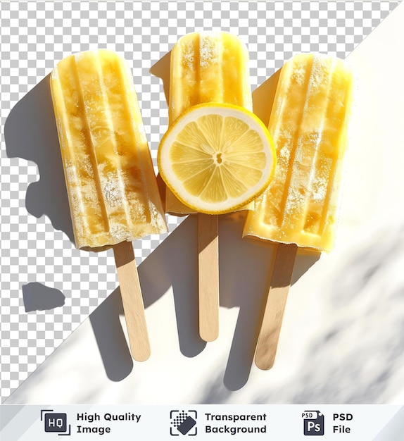 PSD frozen lemon popsicles with slices yellow lemon and wooden stick on transparent background