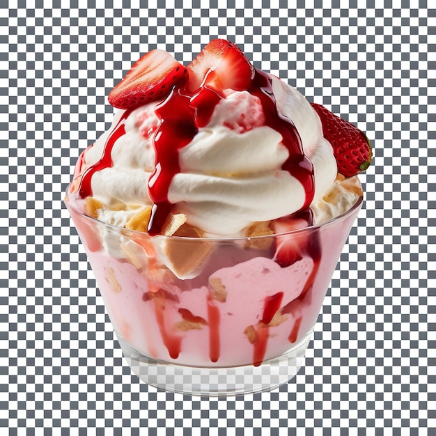 Frozen strawberry sundae in glass bowl isolated on transparent background