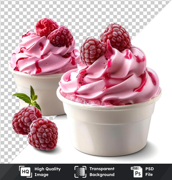 PSD frozen yogurt cups with raspberries and a green leaf on transparent background