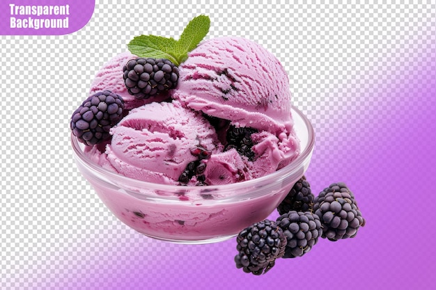 PSD fruit ice cream with fresh blackberries isolated on transparent background