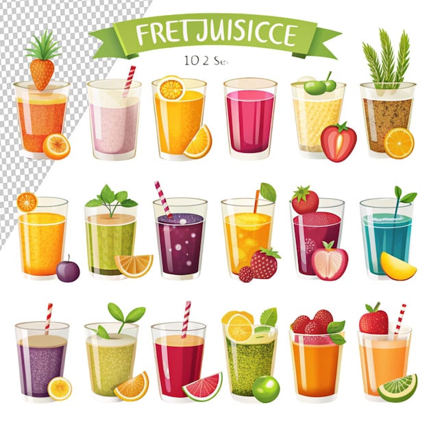 PSD fruit juice set of 12 fruit juice illustrations on transparent background