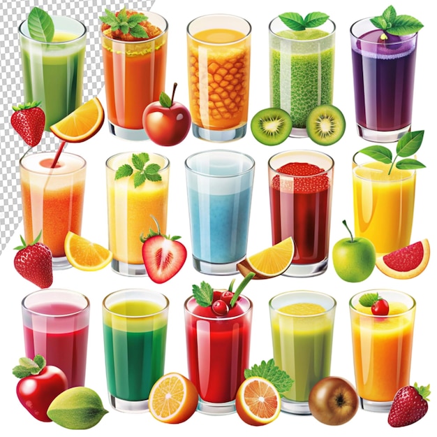 PSD fruit juice set of 12 fruit juice illustrations on transparent background