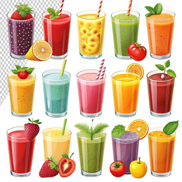 PSD fruit juice set of 12 fruit juice illustrations on transparent background