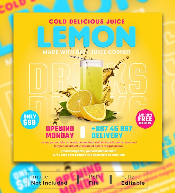 PSD fruit lemon juice menu square flyer instagram post ads banner