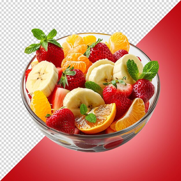 PSD fruit salad with bananas strawberries mandarins orange isolated on white background