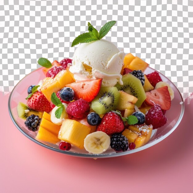 PSD a fruit salad with a strawberries and ice cream on top