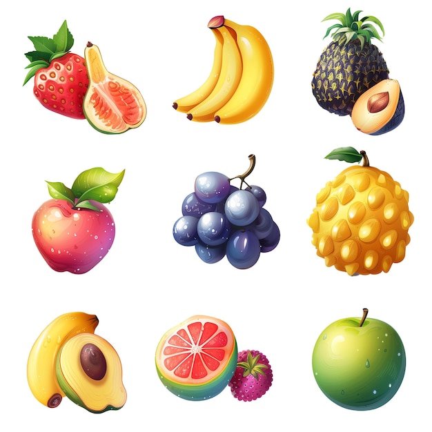 Fruits and berries icons setisolated on transparent background