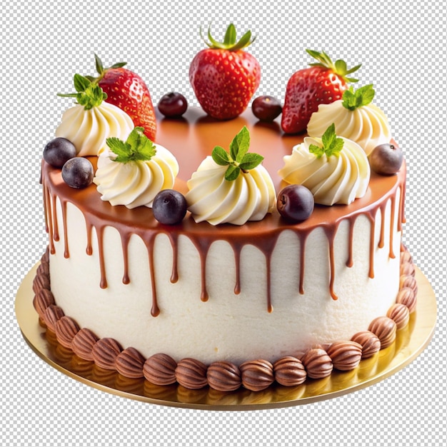 A fruity birthday cake with birthday topper fruits on top and white drip