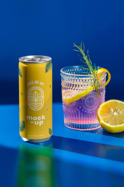 Fruity drink can mock-up with clear glass