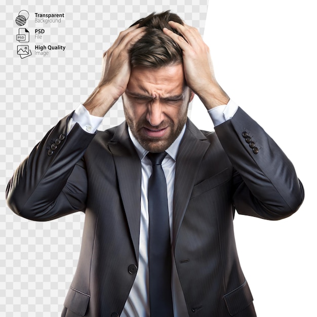 Frustrated businessman on transparent background holding his head in despair