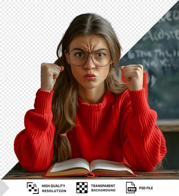 PSD frustrated student in red sweater with glasses studying with open book against a transparent background