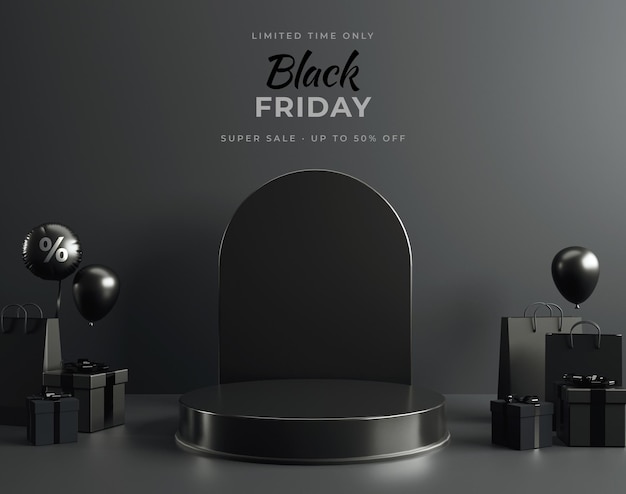 Full black podium pedestal with dark stuff for Black Friday offer presentation