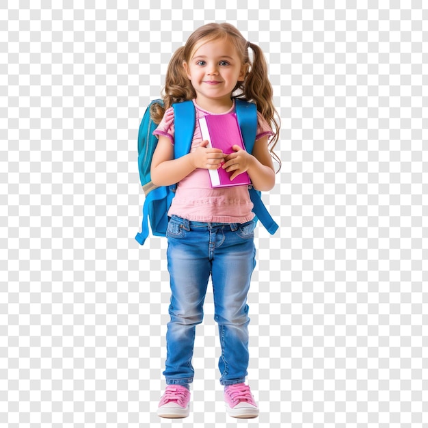 full body of smiling little girl holding book on transparency background PSD