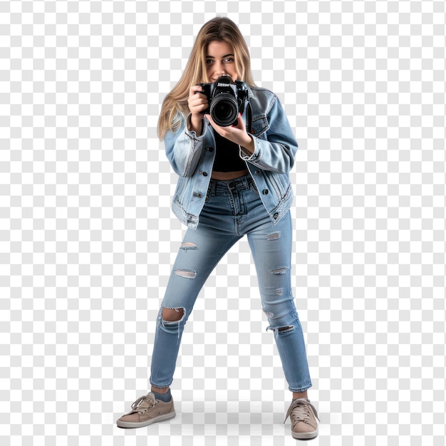 PSD full body young woman focusing with digital camera on transparency background psd