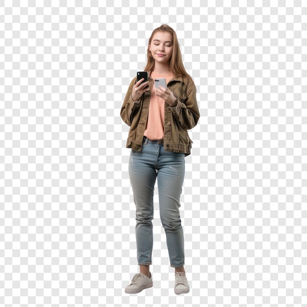 PSD full body young woman holding smart phone on transparency background psd