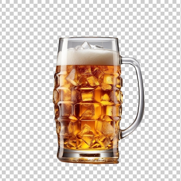 a full glass of beer with ice and ice cubes isolated on a transparent background