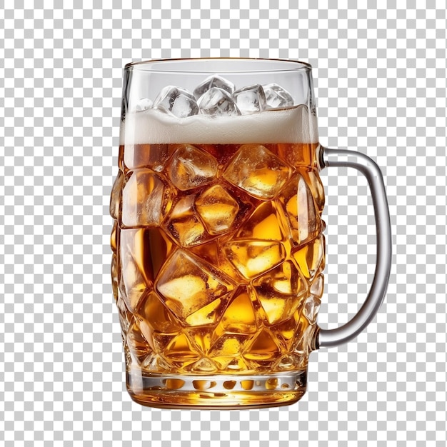 a full glass of beer with ice and ice cubes isolated on a transparent background