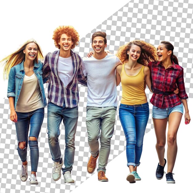 PSD full growth a group of happy dynamic young people on transparent background