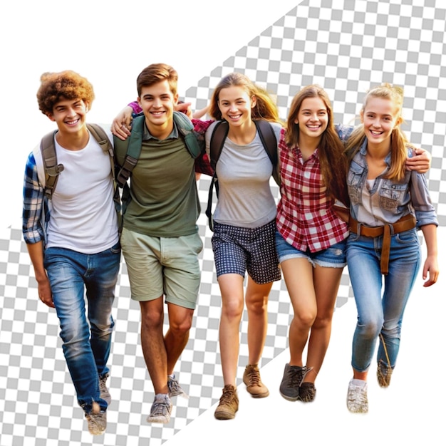 PSD full growth a group of happy dynamic young people on transparent background