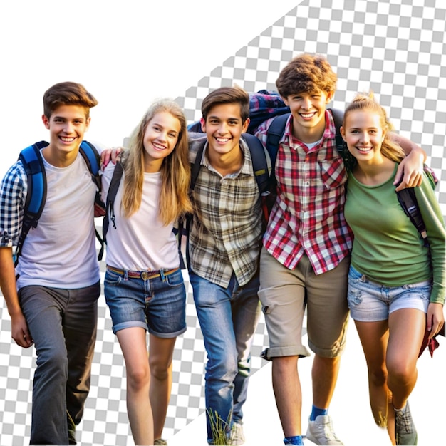 PSD full growth a group of happy dynamic young people on transparent background