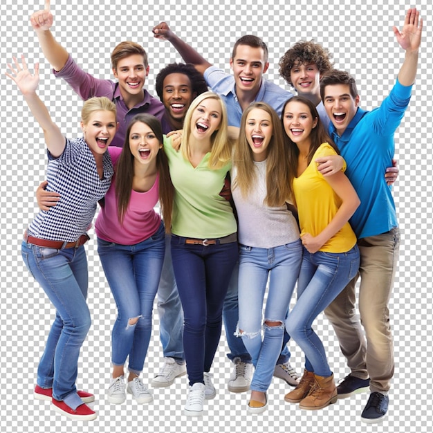 PSD full growth a group of happy dynamic young people on transparent background