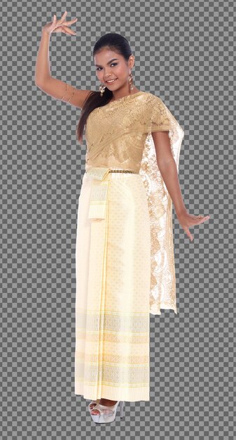 PSD full length of 20s asian woman wear thai gold traditional costume or golden wedding bride dress. tanned skin girl stand and express emotion feeling smile happy poses over white background isolated