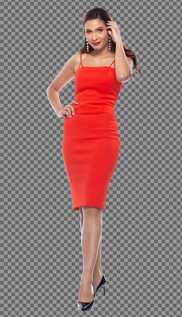 PSD full length 20s young caucasian woman in red body dress and black high heels shoes smile isolated, western girl has confident stand happy smile strong over white background isolated